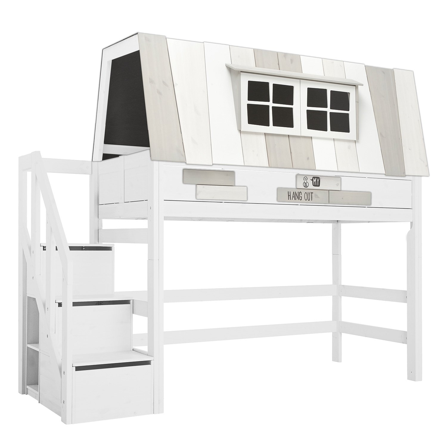 Mittelhohes Bett Hangout mit Deluxe Lattenrost und Treppe / Weiß