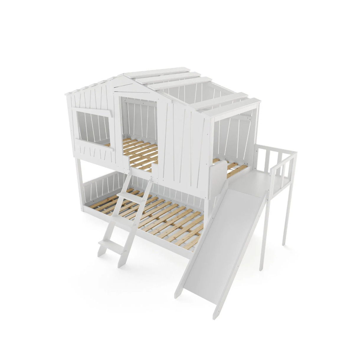 Ronja Haus-Etagenbett weiß mit Rutsche aus Kiefer Liegefläche 90 x 200 cm
