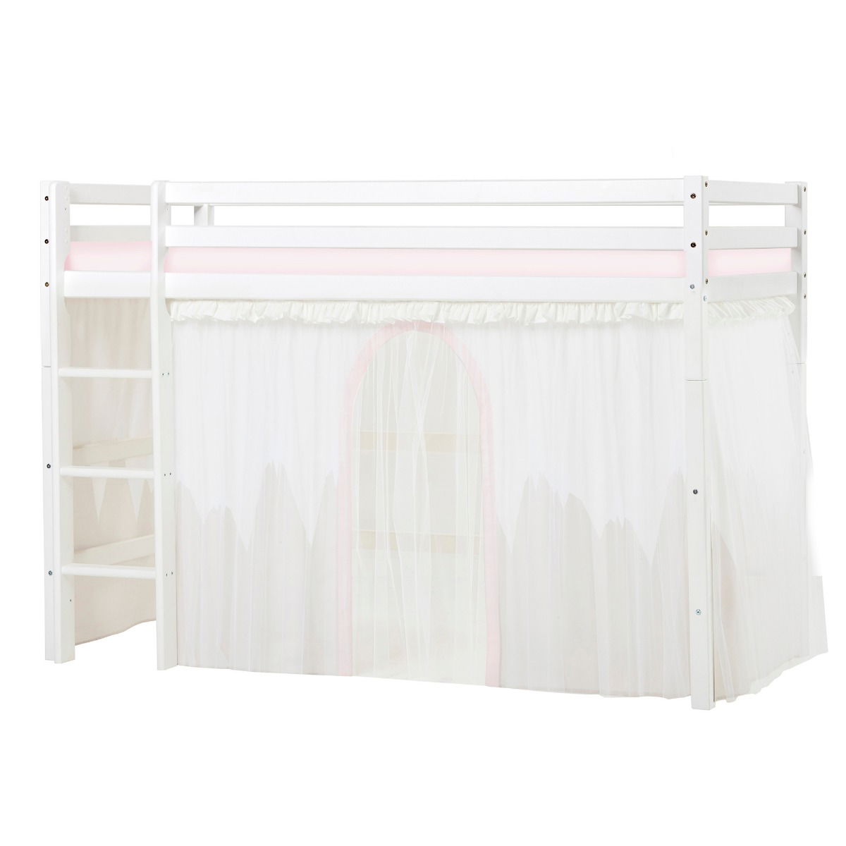 BUNDLE ECO Dream Mittel-Hochbett 90x200 cm mit WINTER WONDERLAND Vorhang mit Tüll und Schaummatratze