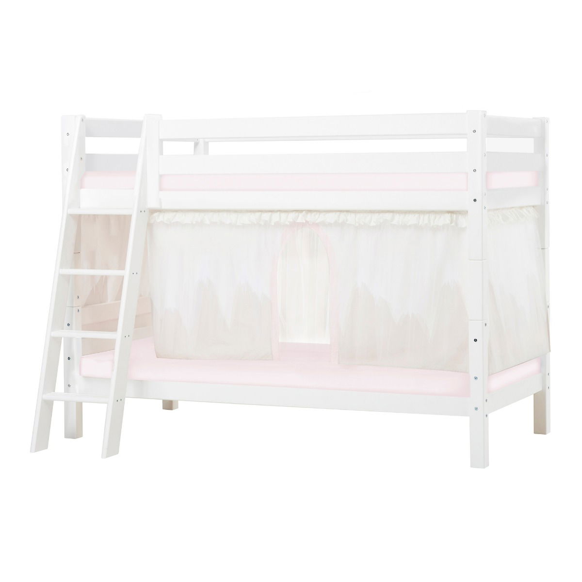 BUNDLE ECO Luxury Etagenbett 90x200 cm mit schräger Leiter mit WINTER WONDERLAND Vorhang und Kaltschaum-Matratze