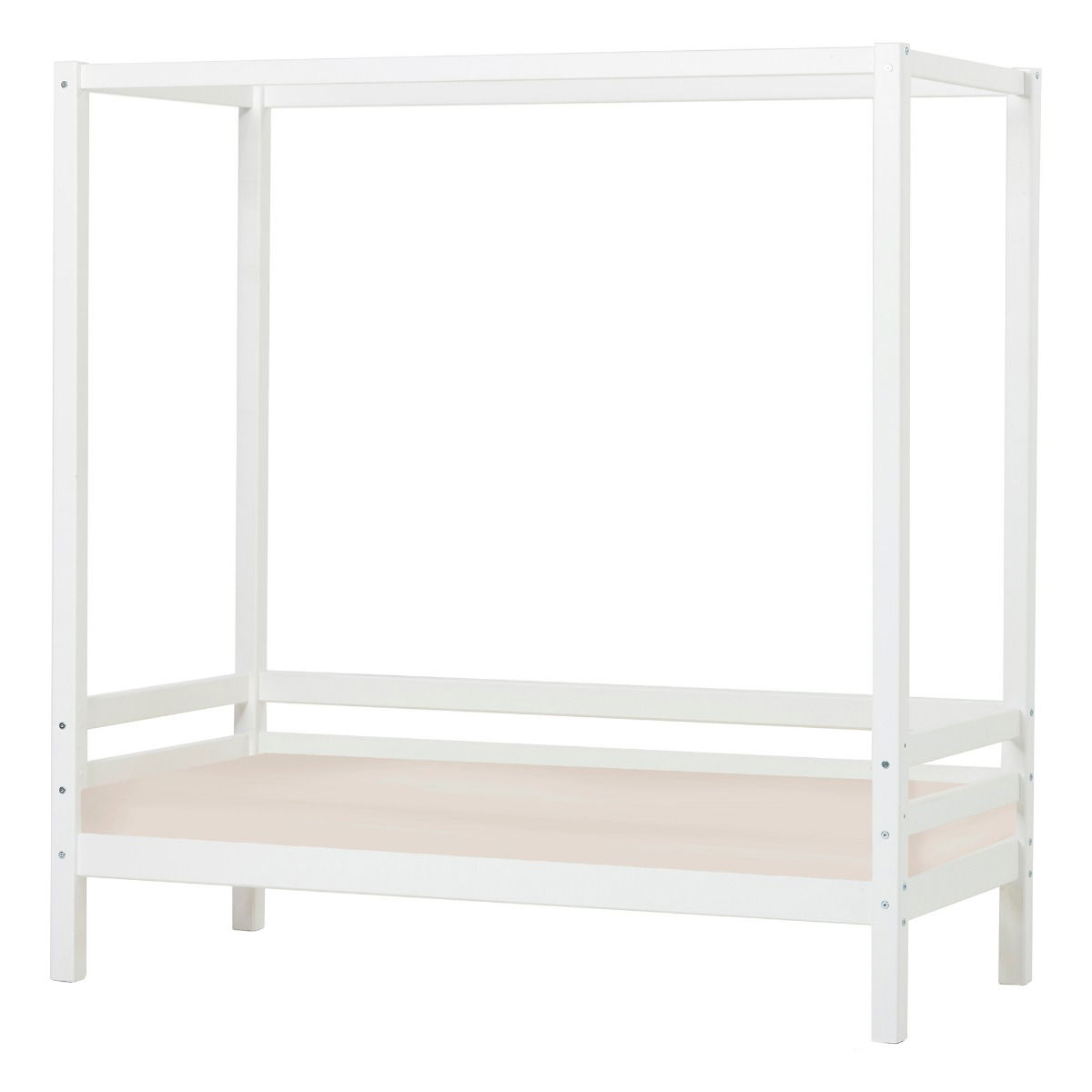 BUNDLE ECO Dream Himmelbett 70x160 cm in weiß mit Kaltschaum-Matratze und sandfarbenem Bezug