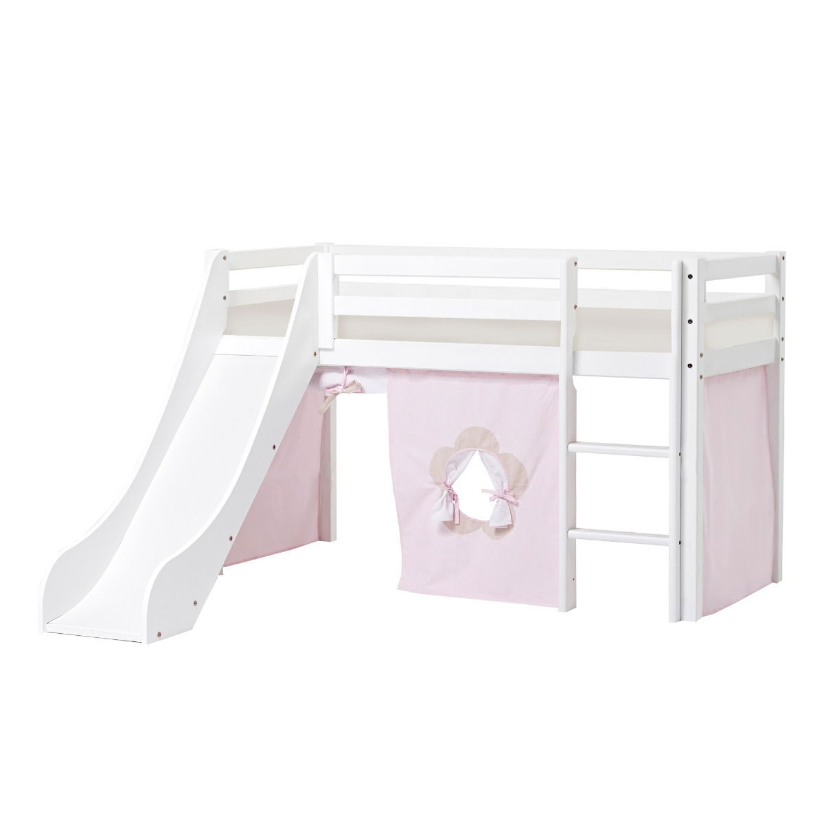 BUNDLE ECO Dream Halbhochbett 70x160 cm (nicht teilbar) mit Rutsche mit FAIRYTALE FLOWER Vorhang und Kaltschaum-Matratze