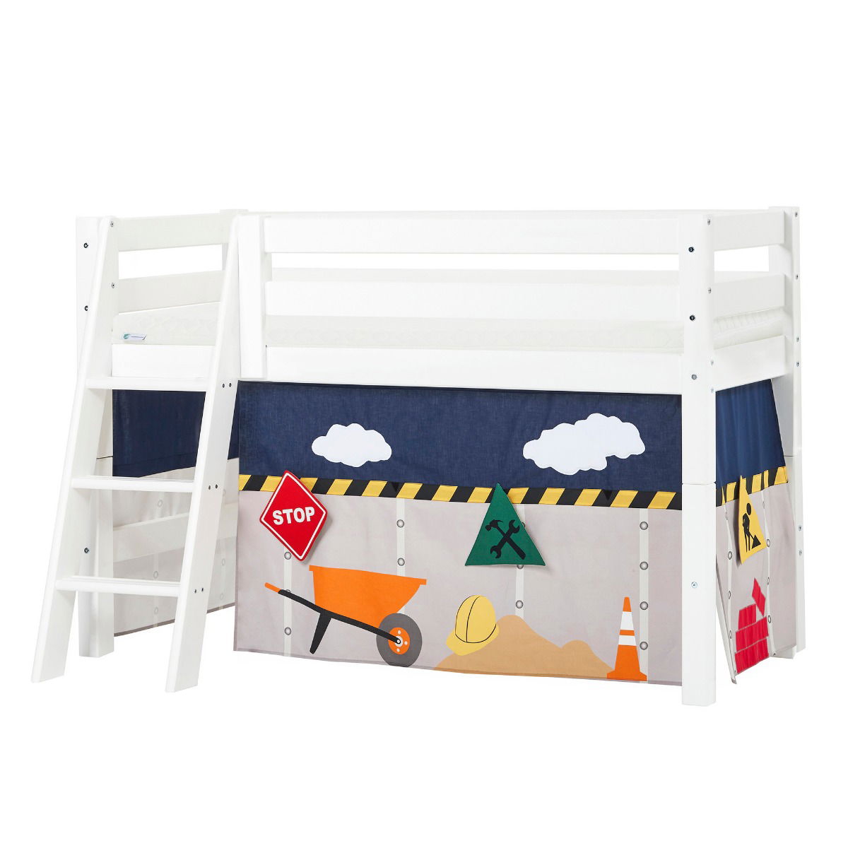 BUNDLE ECO Luxury Halbhochbett 70x160 cm mit schräger Leiter mit CONSTRUCTION-Vorhang und ECO Luxury Matratze