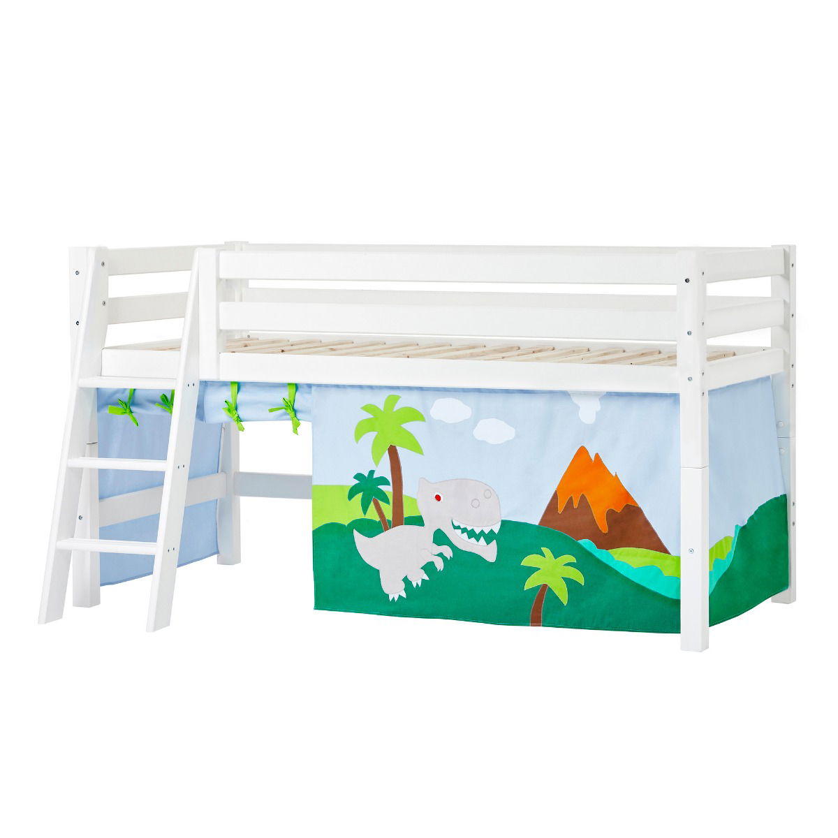 BUNDLE ECO Luxury Halbhochbett 90x200 cm mit schräger Leiter und mit DINOSAUR-Vorhang