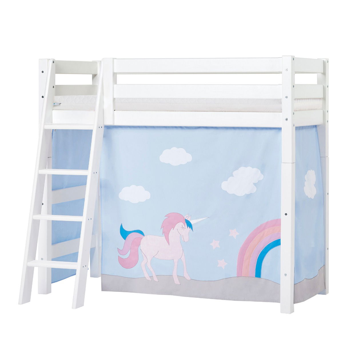 BUNDLE ECO Luxury Mittel-Hochbett 70x160 cm mit schräger Leiter mit UNICORN-Vorhang und ECO Luxury Matratze