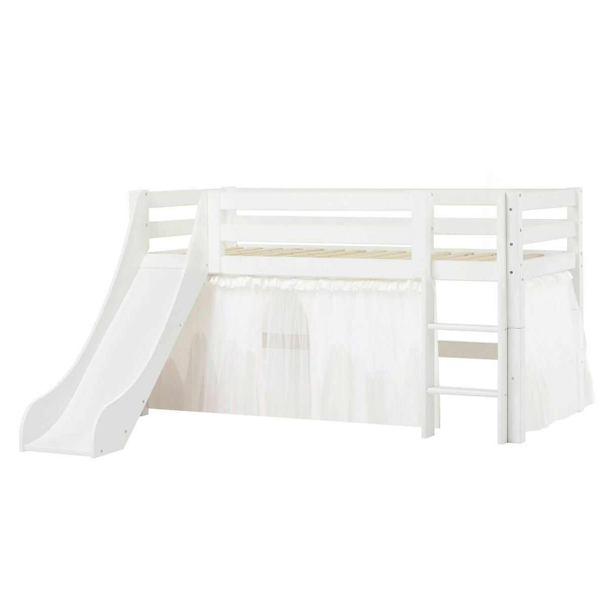 BUNDLE ECO Luxury Halbhochbett 90x200 cm mit Rutsche und mit WINTER WONDERLAND Vorhang