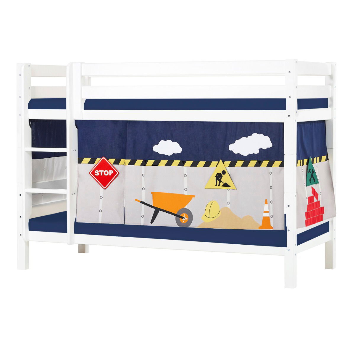 BUNDLE ECO Luxury Etagenbett 90x200 cm mit CONSTRUCTION-Vorhang und Kaltschaum-Matratze