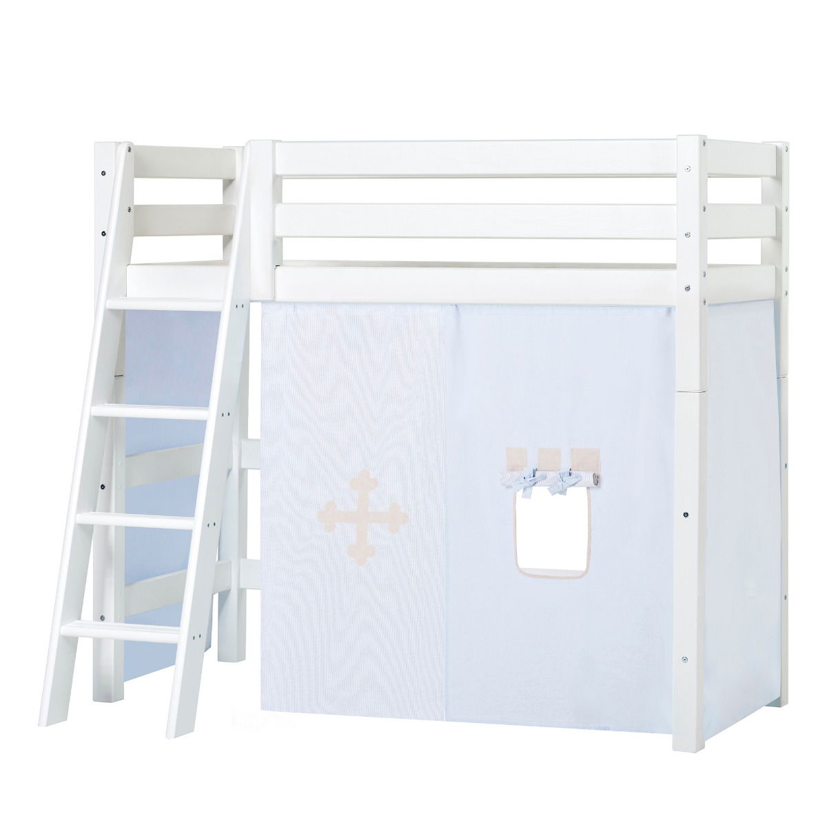 BUNDLE ECO Luxury Mittel-Hochbett 70x160 cm mit schräger Leiter und FAIRYTALE KNIGHT-Vorhang