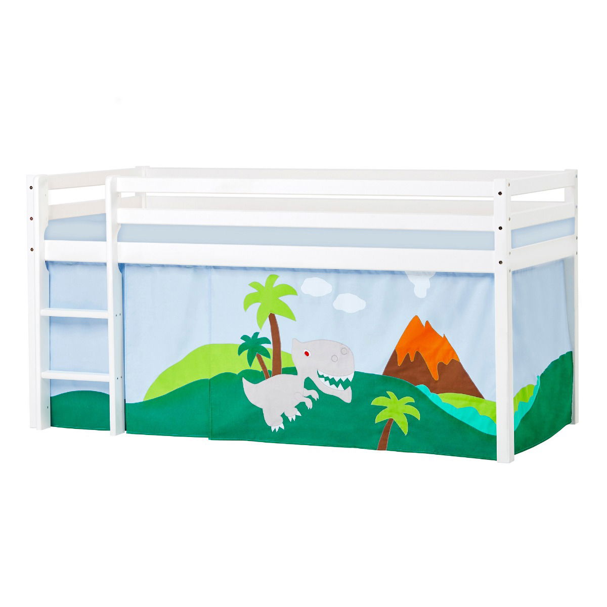 BUNDLE ECO Dream Halbhochbett 90x200 cm (nicht teilbar) mit DINOSAUR Vorhang und Kaltschaum-Matratze