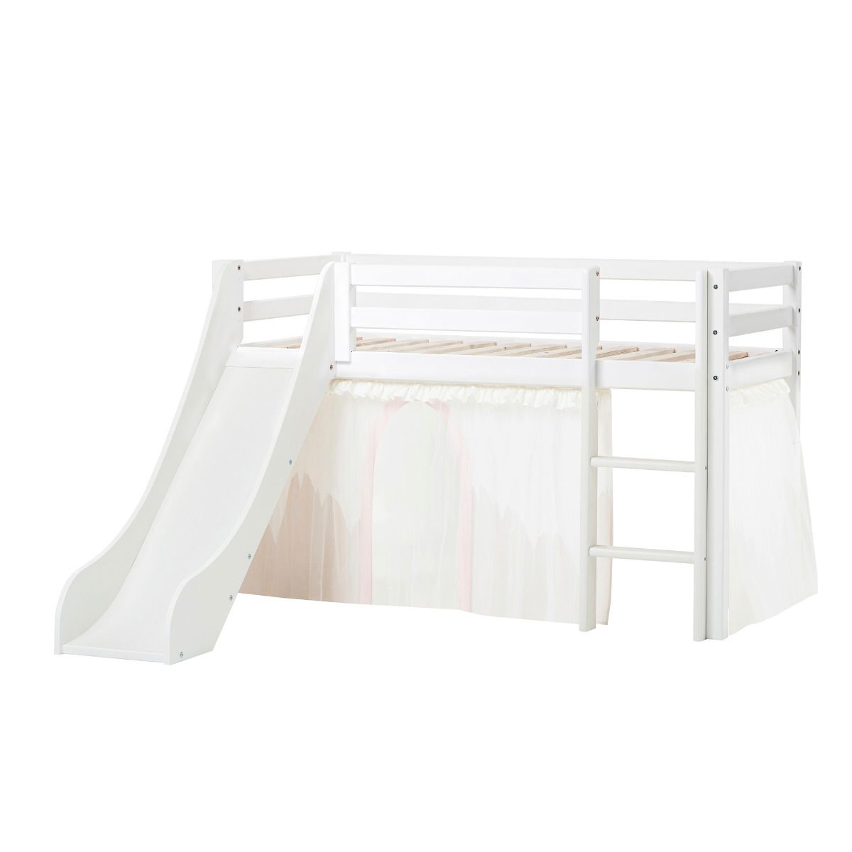 BUNDLE ECO Dream Halbhochbett 70x160 cm (nicht teilbar) mit Rutsche mit WINTER WONDERLAND Vorhang mit Tüll