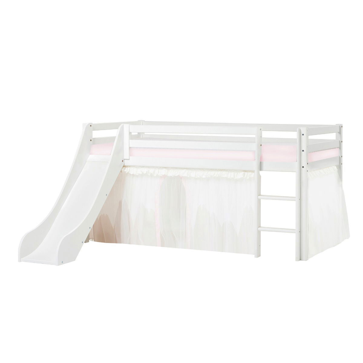 BUNDLE ECO Dream Halbhochbett 90x200 cm (nicht teilbar) mit Rutsche mit WINTER WONDERLAND Vorhang mit Tüll und Kaltschaum-Matratze