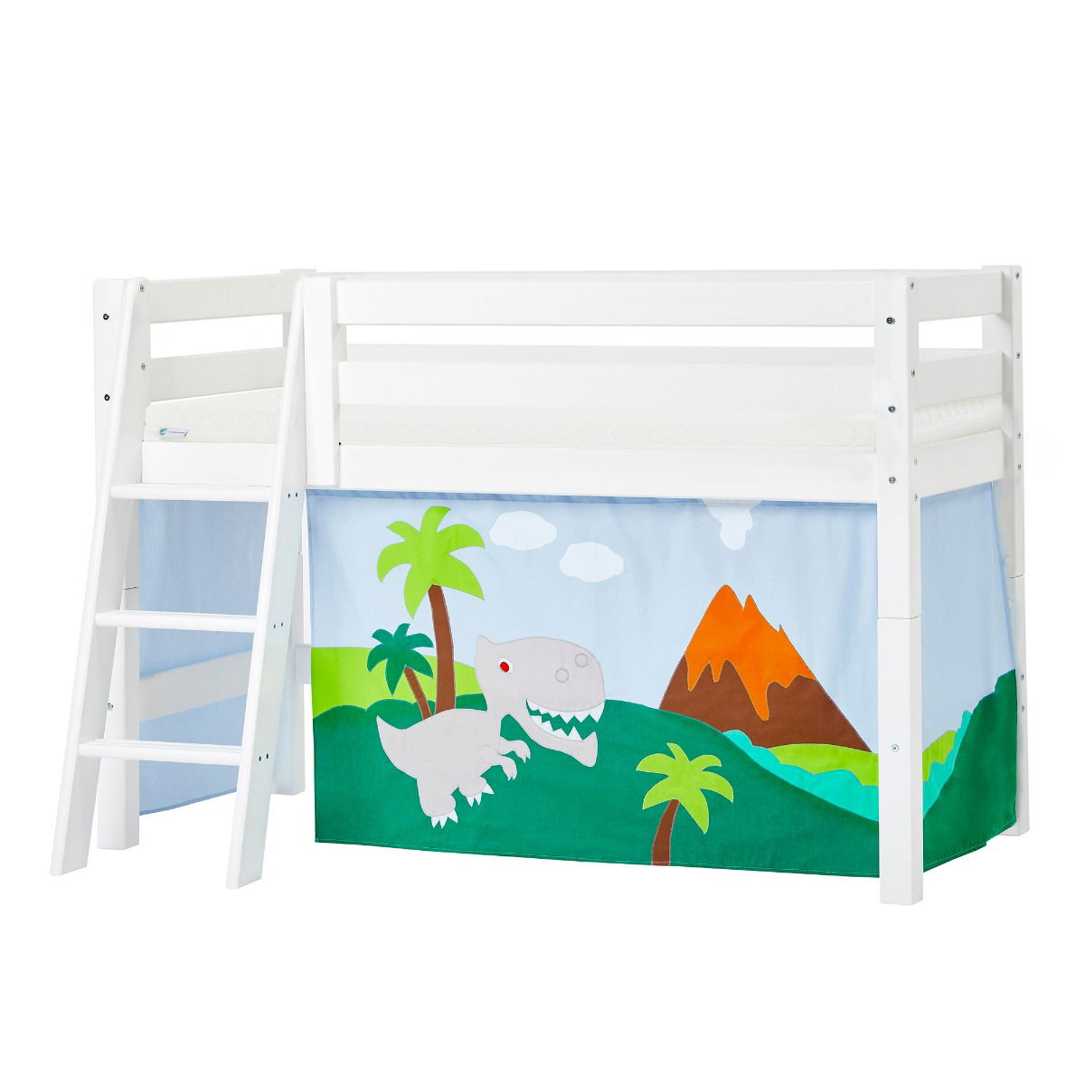 BUNDLE ECO Luxury Halbhochbett 70x160 cm mit schräger Leiter mit DINOSAUR-Vorhang und ECO Luxury Matratze