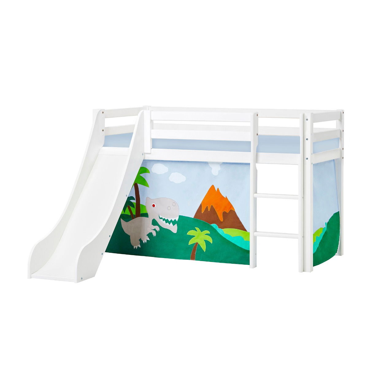 BUNDLE ECO Dream Halbhochbett 70x160 cm (nicht teilbar) mit Rutsche mit DINOSAUR Vorhang und Schaummatratze