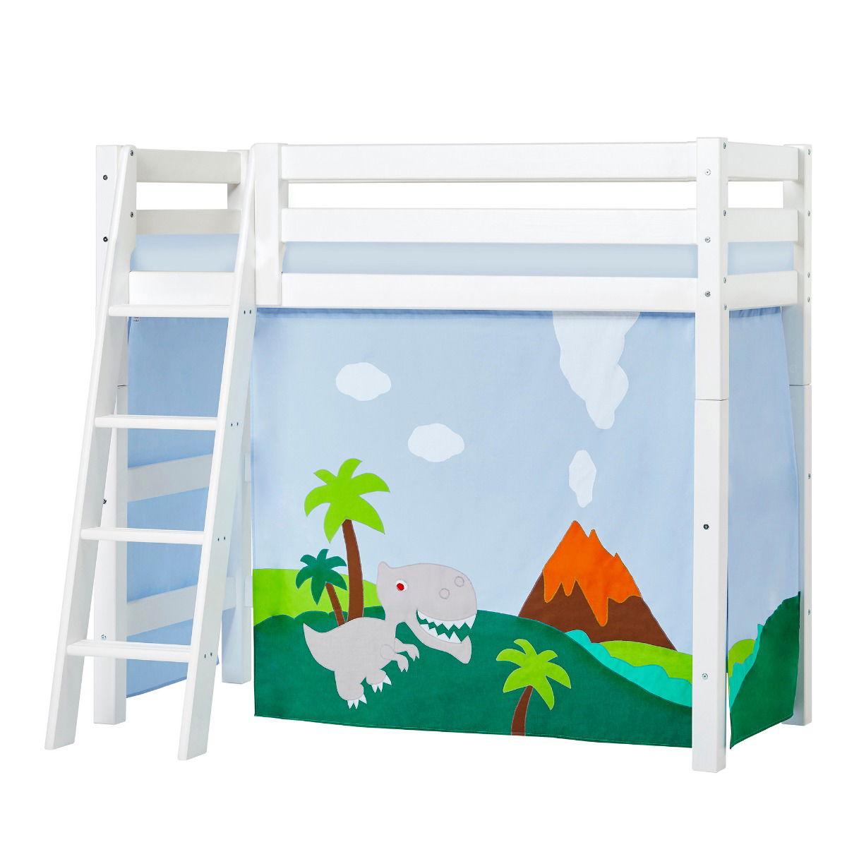 BUNDLE ECO Luxury Mittel-Hochbett 70x160 cm mit schräger Leiter mit DINOSAUR-Vorhang und Kaltschaum-Matratze