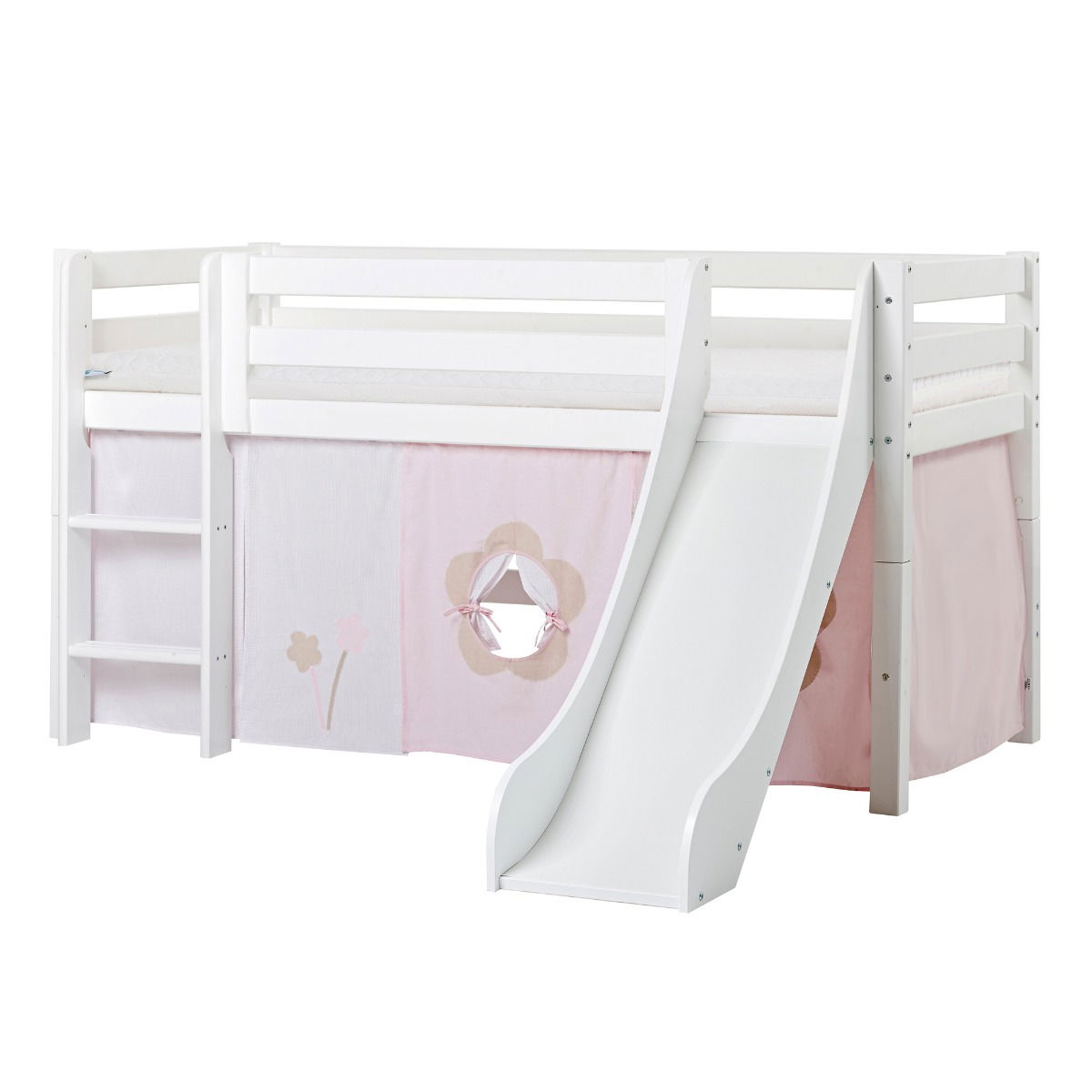 BUNDLE ECO Luxury Halbhochbett 90x200 cm mit Rutsche mit FAIRYTALE FLOWER-Vorhang und ECO Luxury Matratze