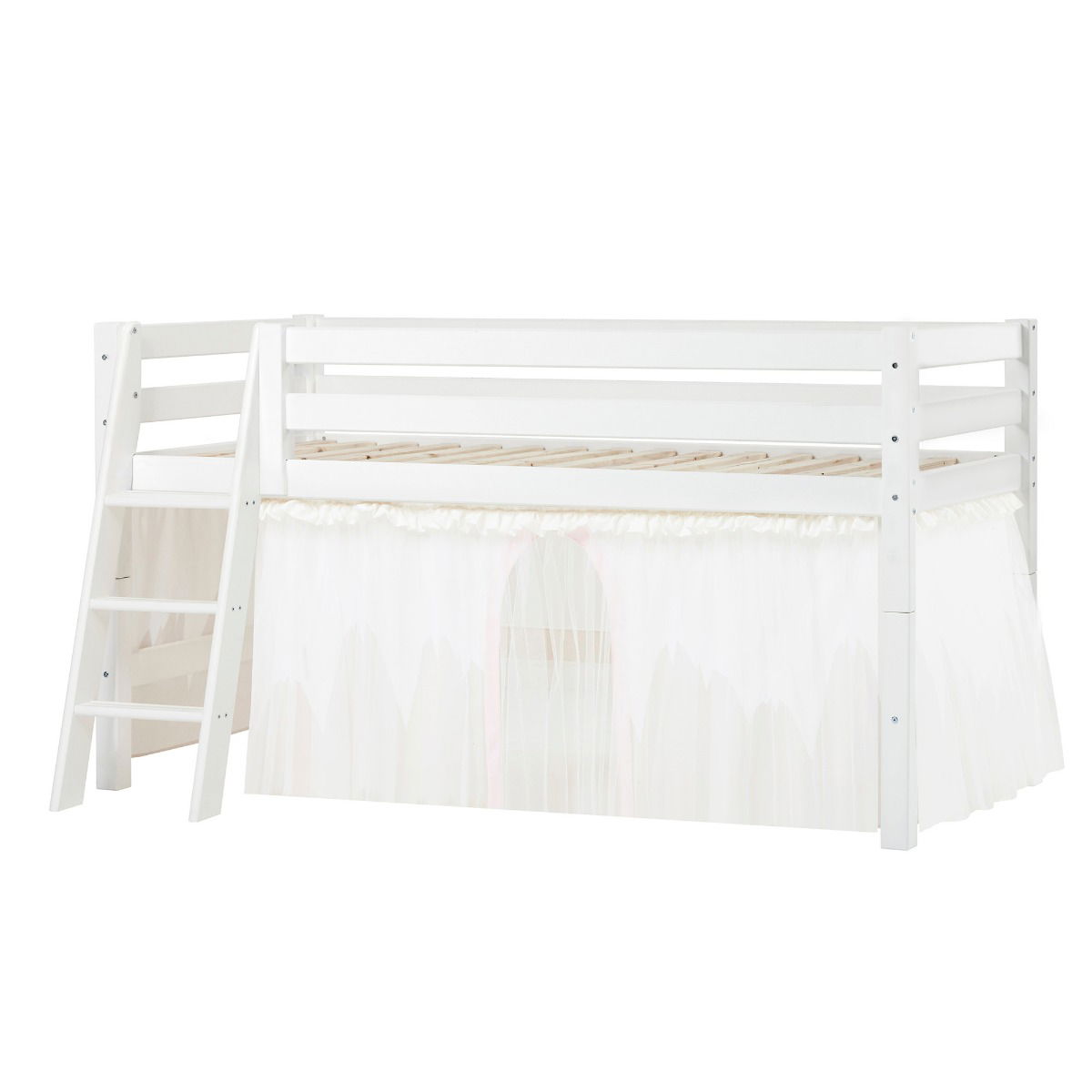 BUNDLE ECO Luxury Halbhochbett 90x200 cm mit schräger Leiter und mit WINTER WONDERLAND Vorhang mit Tüll
