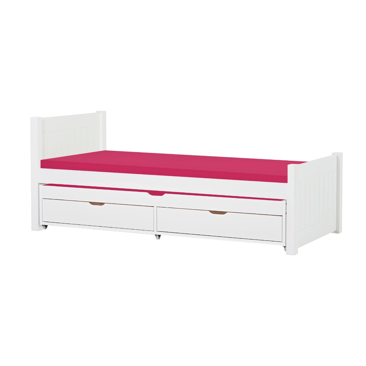 Hoppekids Noah Deluxe Bett 90x200 cm mit hohem und mittelhohem Giebel und Kaltschaum-Matratze und Auszieh-/Gästebett 70x190 cm  - Matratzenbezugsfarbe: Pink