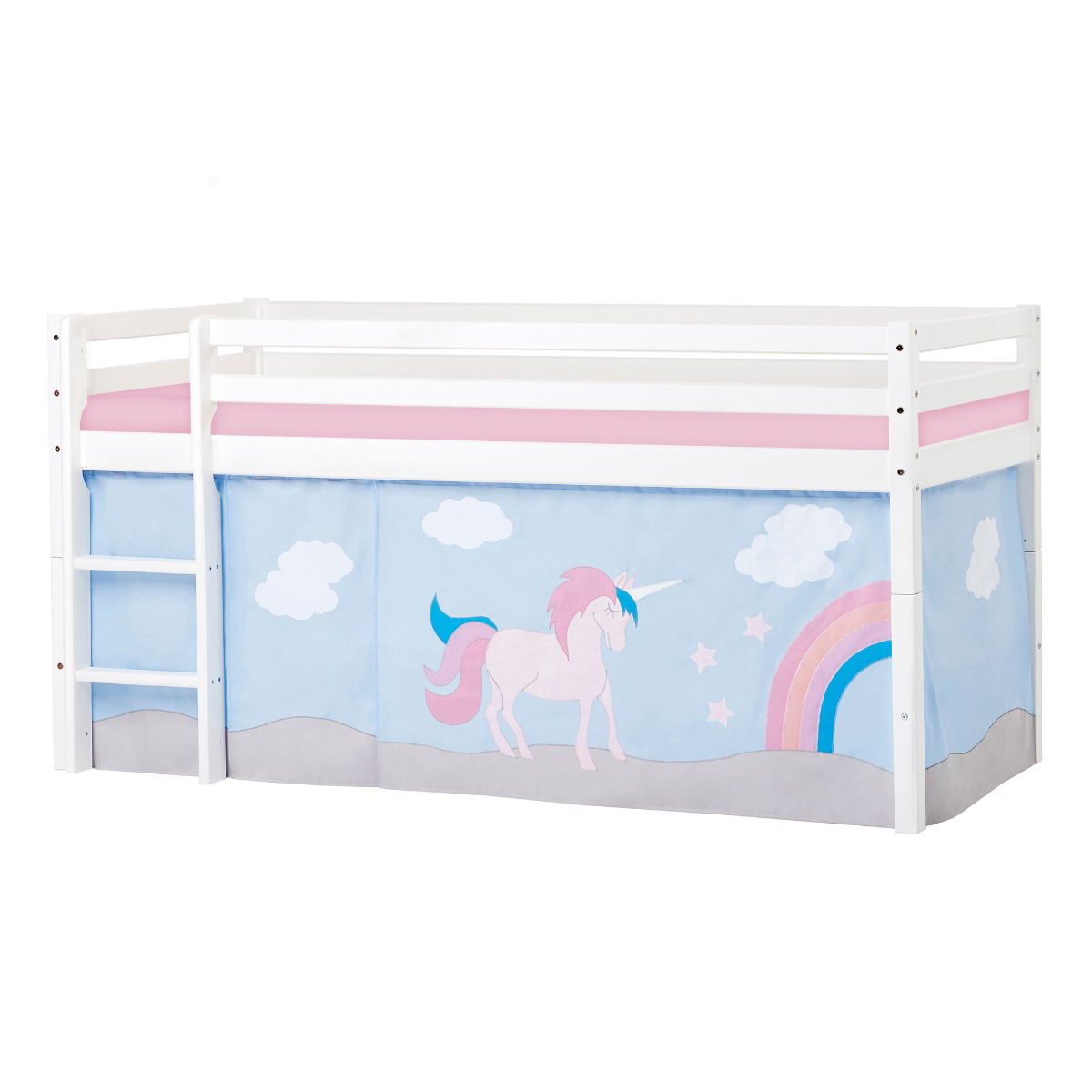 BUNDLE ECO Dream Halbhochbett 90x200 cm mit UNICORN Vorhang und Kaltschaum-Matratze