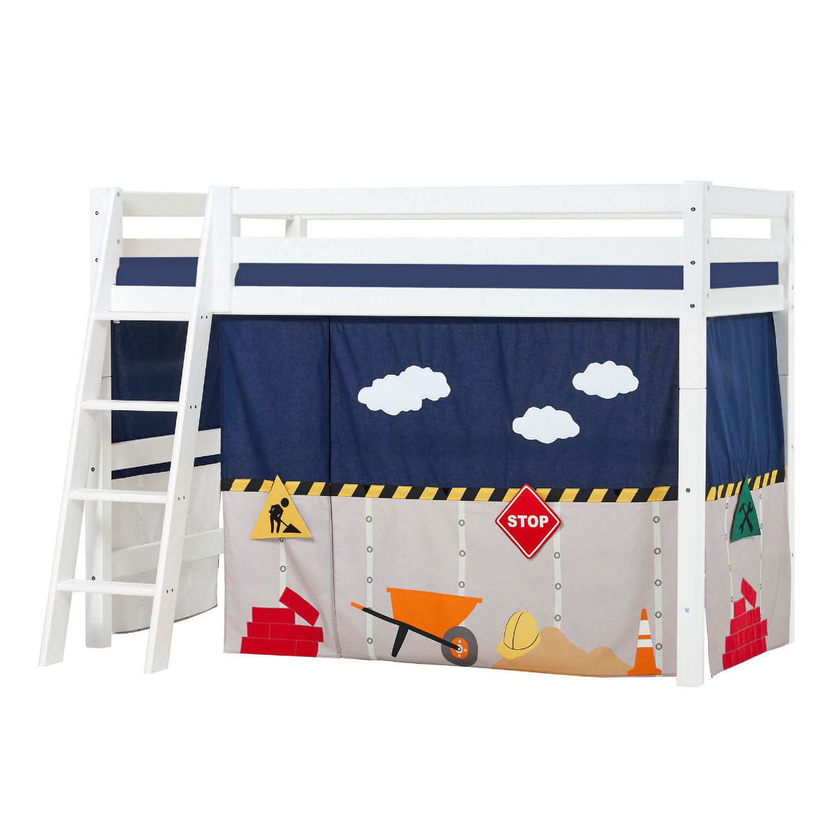 BUNDLE ECO Luxury Mittel-Hochbett 90x200 cm mit schräger Leiter mit CONSTRUCTION-Vorhang und Kaltschaum-Matratze