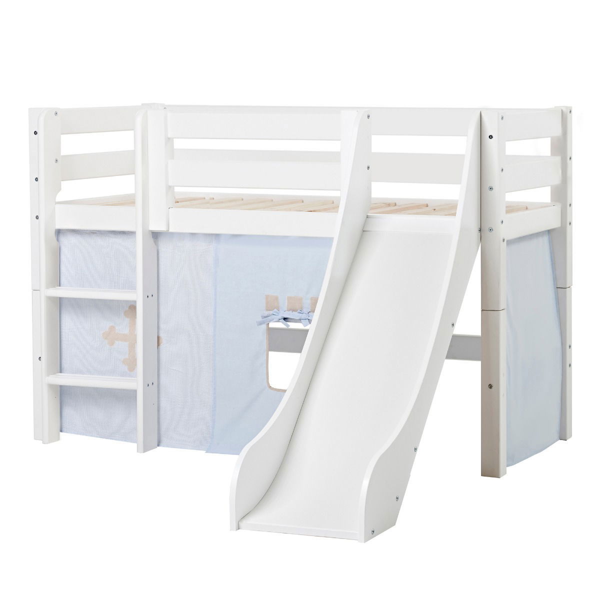 BUNDLE ECO Luxury Halbhochbett 70x160 cm mit Rutsche und mit FAIRYTALE KNIGHT-Vorhang