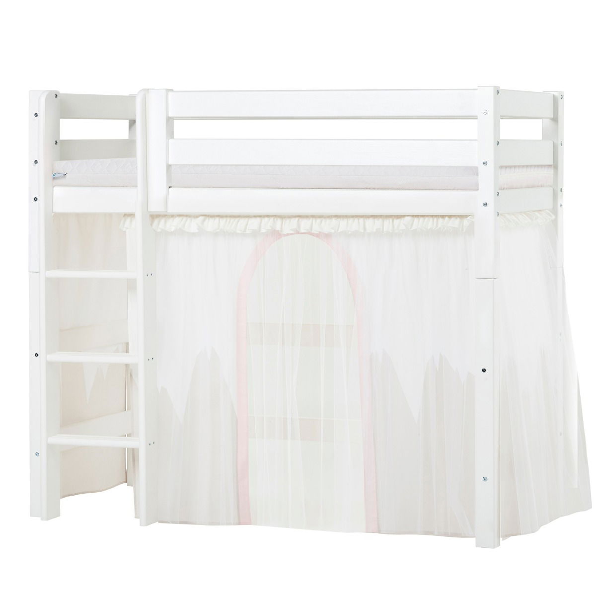 BUNDLE ECO Luxury Mittel-Hochbett 70x160 cm mit WINTER WONDERLAND Vorhang und ECO Luxury Matratze