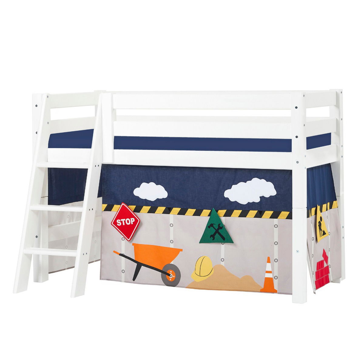 BUNDLE ECO Luxury Halbhochbett 70x160 cm mit schräger Leiter mit CONSTRUCTION-Vorhang und Kaltschaum-Matratze