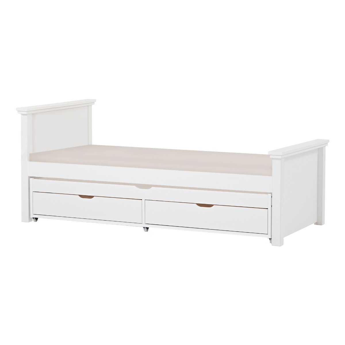 Hoppekids Maja Deluxe Bett 90x200 cm mit hohem und mittelhohem Giebel und Kaltschaum-Matratze und Auszieh-/Gästebett 70x190 cm - Matratzenbezugsfarbe: Sand