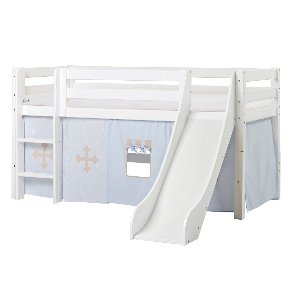 BUNDLE ECO Luxury Halbhochbett 90x200 cm mit Rutsche mit FAIRYTALE KNIGHT-Vorhang und ECO Luxury Matratze