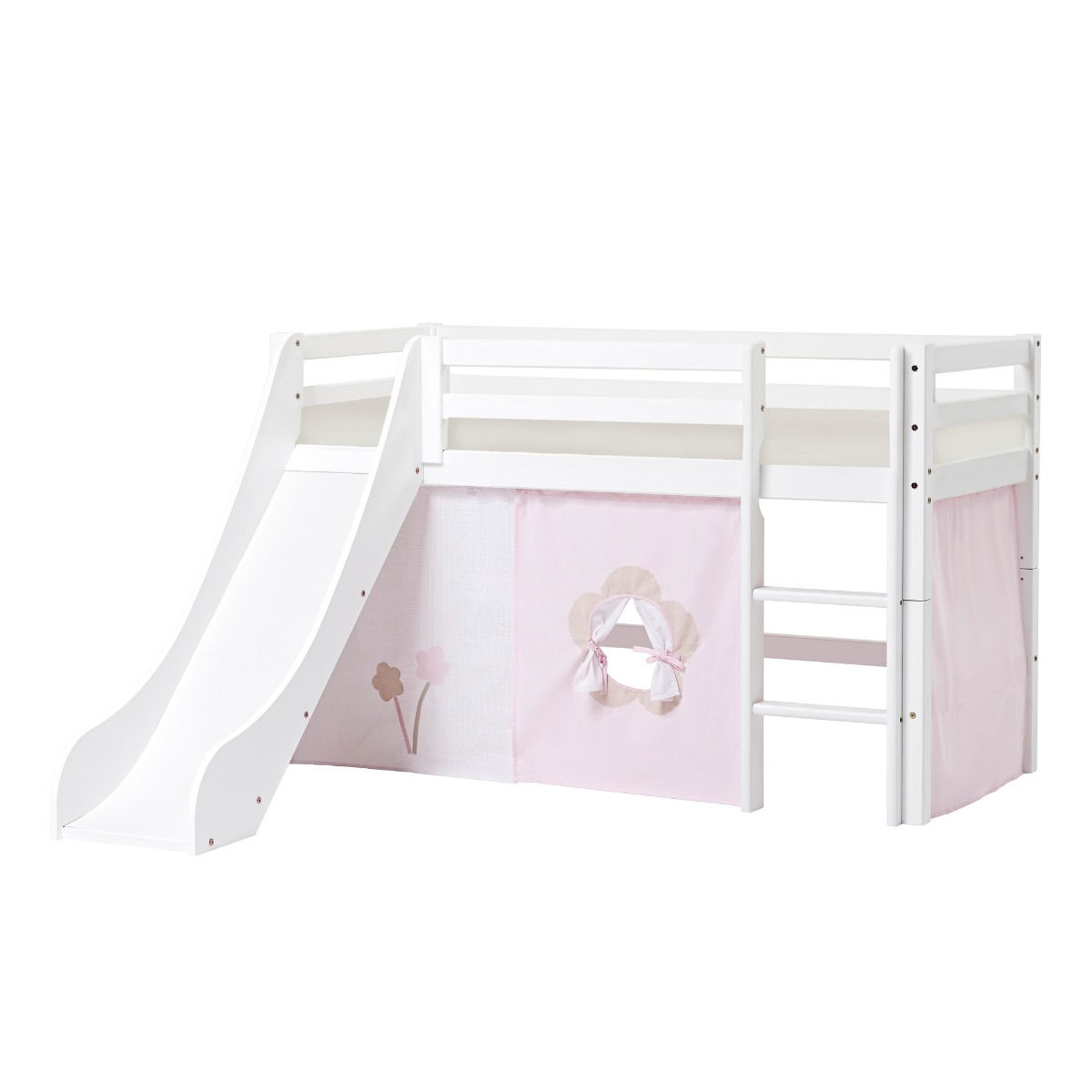 BUNDLE ECO Dream Halbhochbett 70x160 cm mit Rutsche mit FAIRYTALE FLOWER Vorhang und Kaltschaum-Matratze