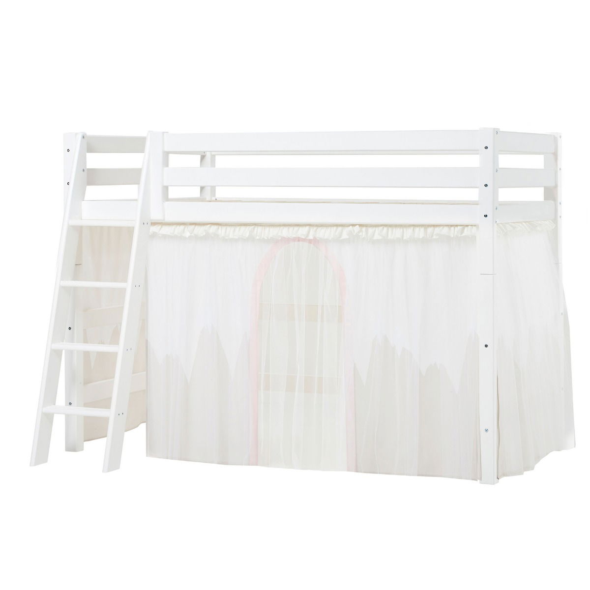 BUNDLE ECO Luxury Mittel-Hochbett 90x200 cm mit schräger Leiter und WINTER WONDERLAND Vorhang