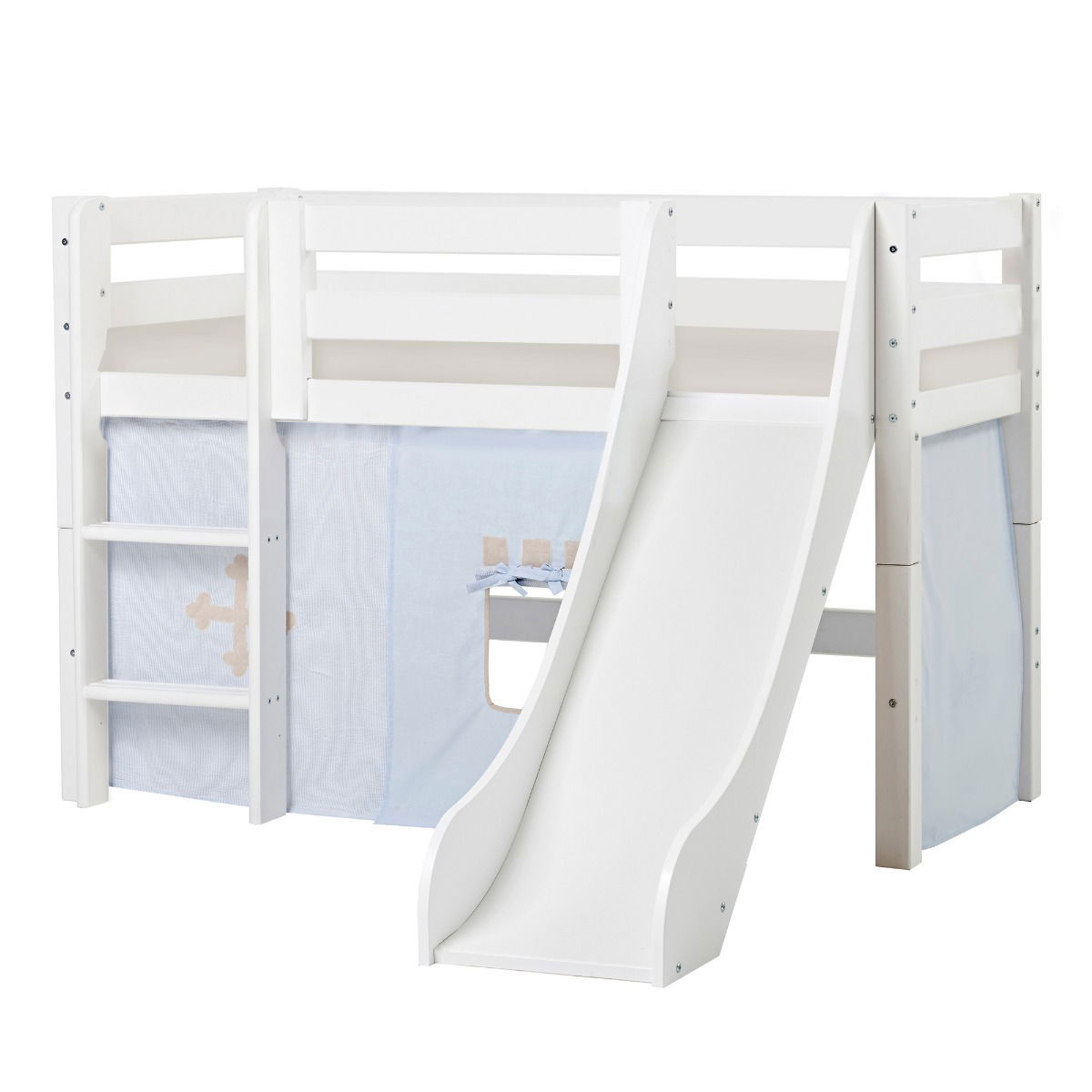 BUNDLE ECO Luxury Halbhochbett 70x160 cm mit Rutsche mit FAIRYTALE KNIGHT-Vorhang und Kaltschaum-Matratze