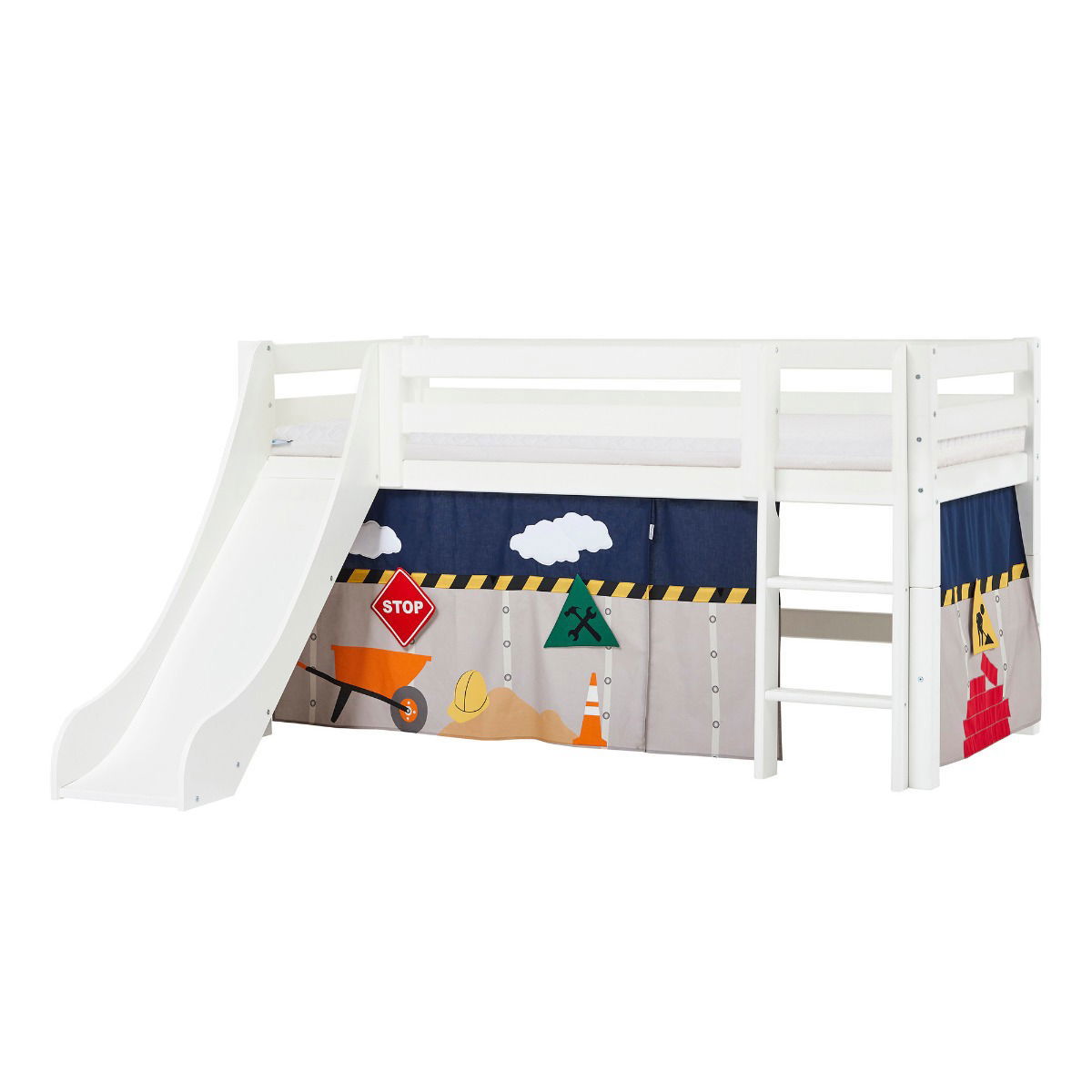 BUNDLE ECO Luxury Halbhochbett 90x200 cm mit Rutsche mit CONSTRUCTION-Vorhang und ECO Luxury Matratze