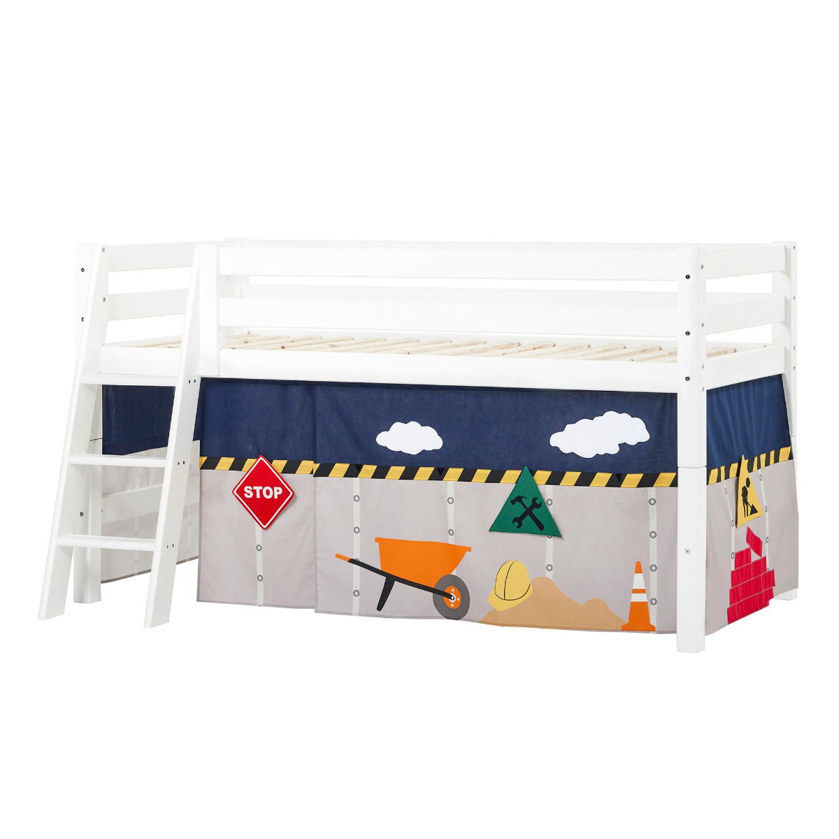 BUNDLE ECO Luxury Halbhochbett 90x200 cm mit schräger Leiter und mit CONSTRUCTION-Vorhang