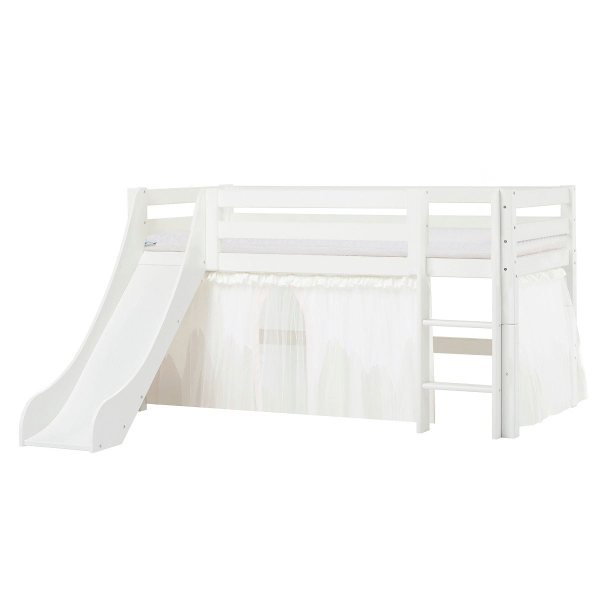 BUNDLE ECO Luxury Halbhochbett 90x200 cm mit Rutsche mit WINTER WONDERLAND Vorhang und ECO Luxury Matratze