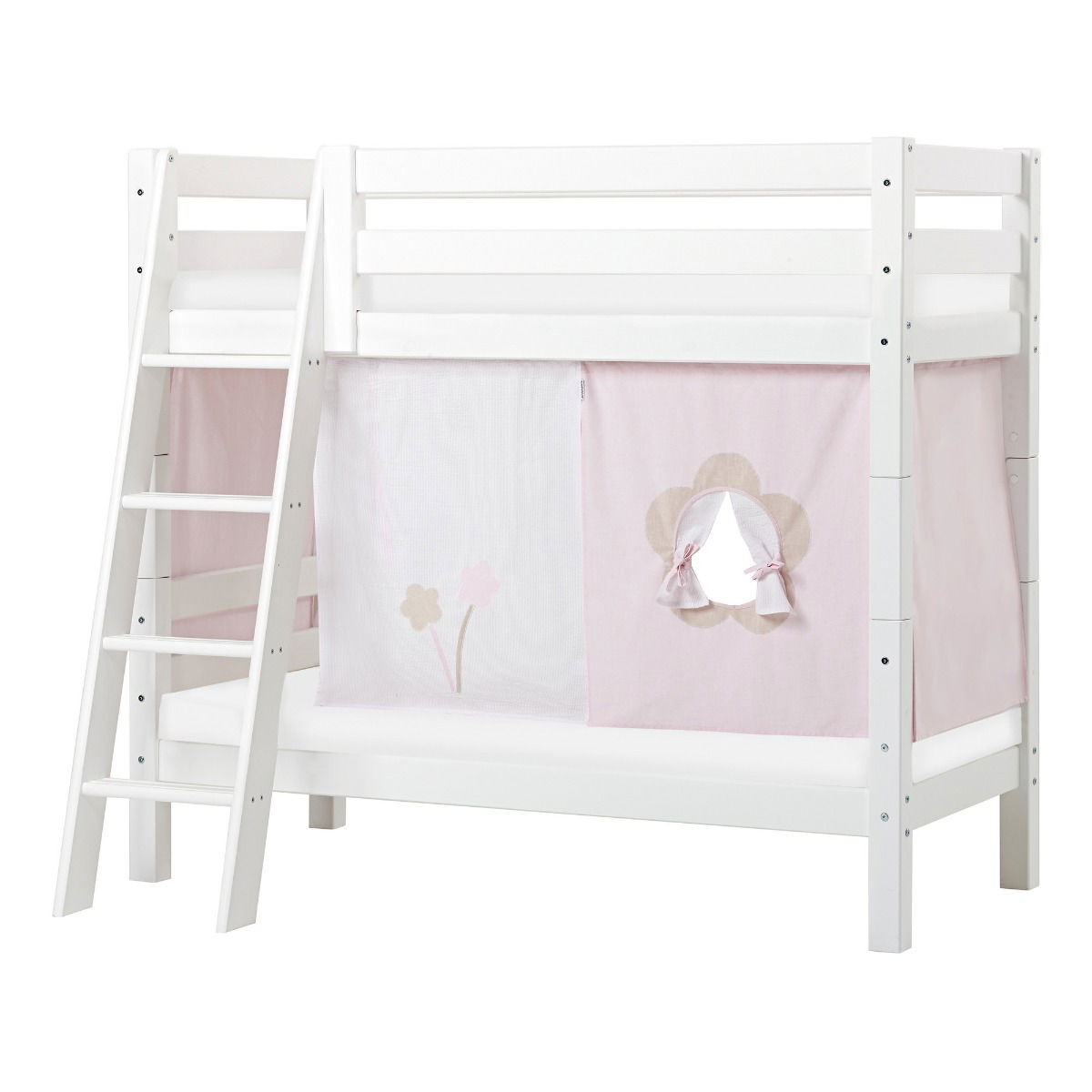 BUNDLE ECO Luxury Etagenbett 70x160 cm mit schräger Leiter mit FAIRYTALE FLOWER-Vorhang und ECO Luxury Matratze