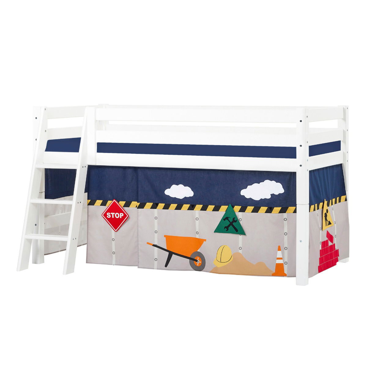 BUNDLE ECO Luxury Halbhochbett 90x200 cm mit schräger Leiter mit CONSTRUCTION-Vorhang und Kaltschaum-Matratze