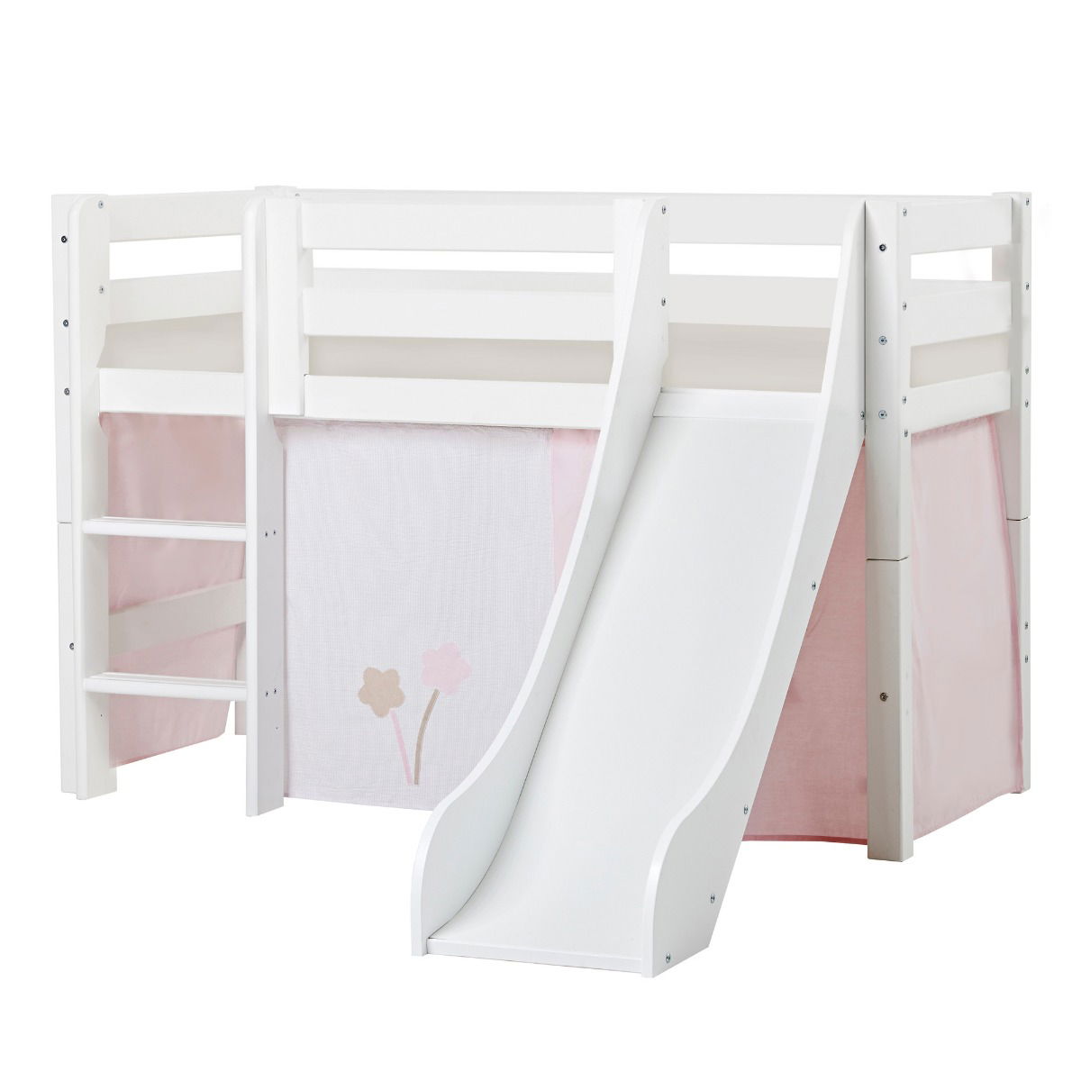 BUNDLE ECO Luxury Halbhochbett 70x160 cm mit Rutsche mit FAIRYTALE FLOWER-Vorhang und Kaltschaum-Matratze