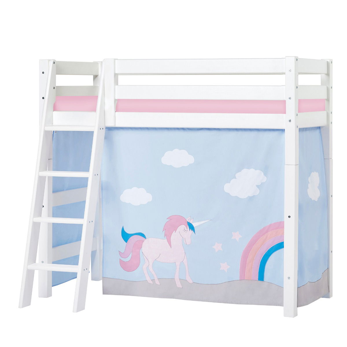 BUNDLE ECO Luxury Mittel-Hochbett 70x160 cm mit schräger Leiter mit UNICORN-Vorhang und Kaltschaum-Matratze