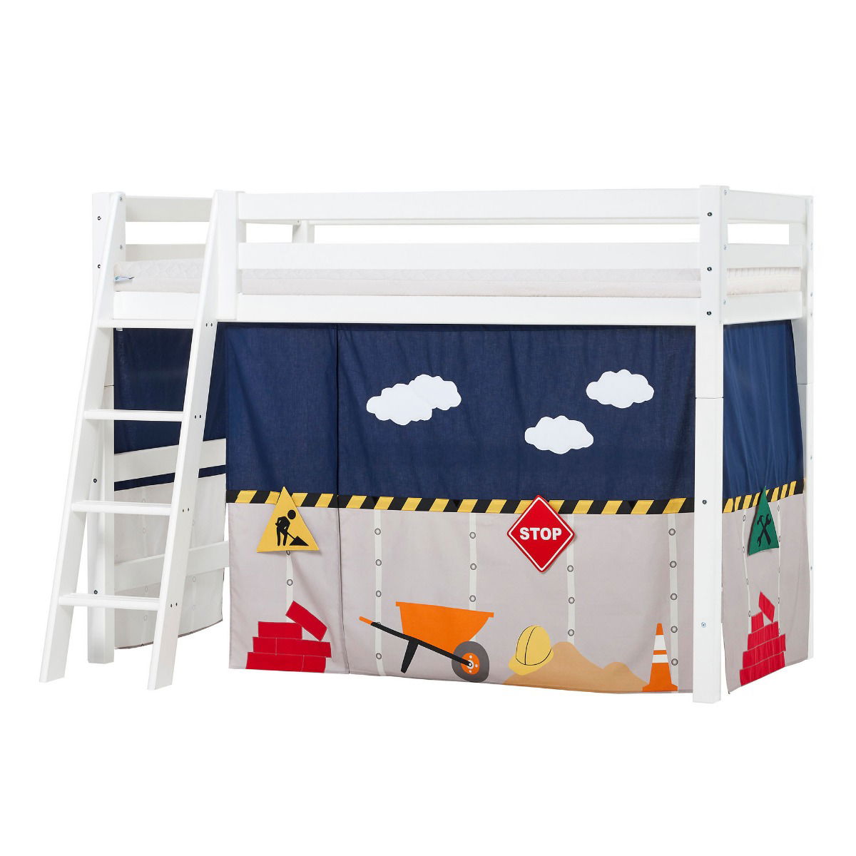 BUNDLE ECO Luxury Mittel-Hochbett 90x200 cm mit schräger Leiter mit CONSTRUCTION-Vorhang und ECO Luxury Matratze