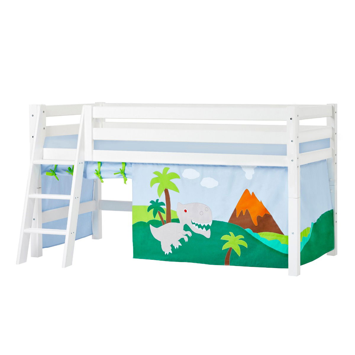BUNDLE ECO Luxury Halbhochbett 90x200 cm mit schräger Leiter mit DINOSAUR-Vorhang und Kaltschaum-Matratze