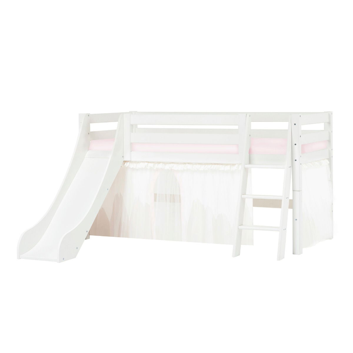 BUNDLE ECO Luxury Halbhochbett 90x200 cm mit schräger Leiter Rutsche mit WINTER WONDERLAND Vorhang und Kaltschaum-Matratze