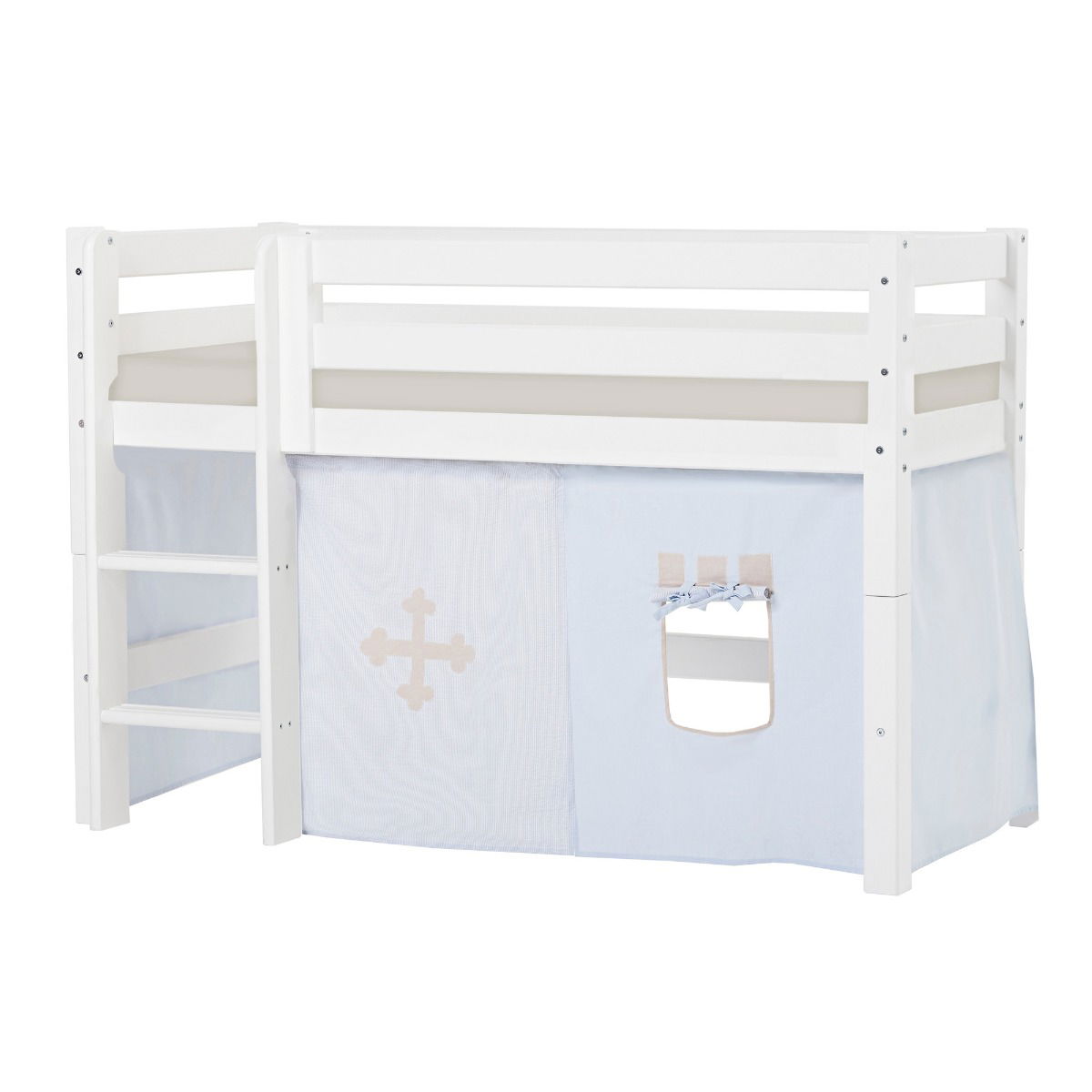 BUNDLE ECO Luxury Halbhochbett 70x160 cm mit FAIRYTALE KNIGHT-Vorhang und Kaltschaum-Matratze