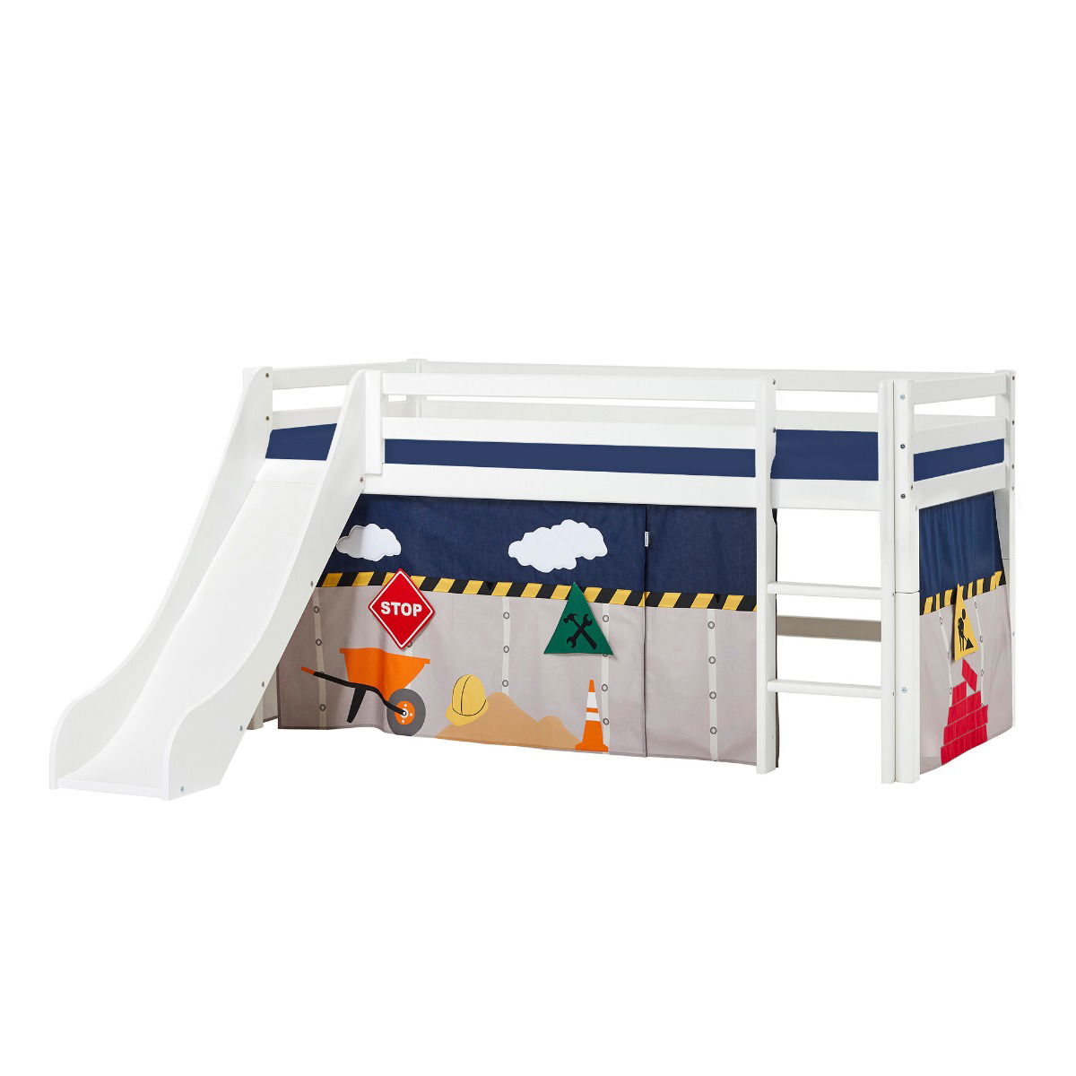 BUNDLE ECO Dream Halbhochbett 90x200 cm mit Rutsche mit CONSTRUCTION Vorhang und Kaltschaum-Matratze