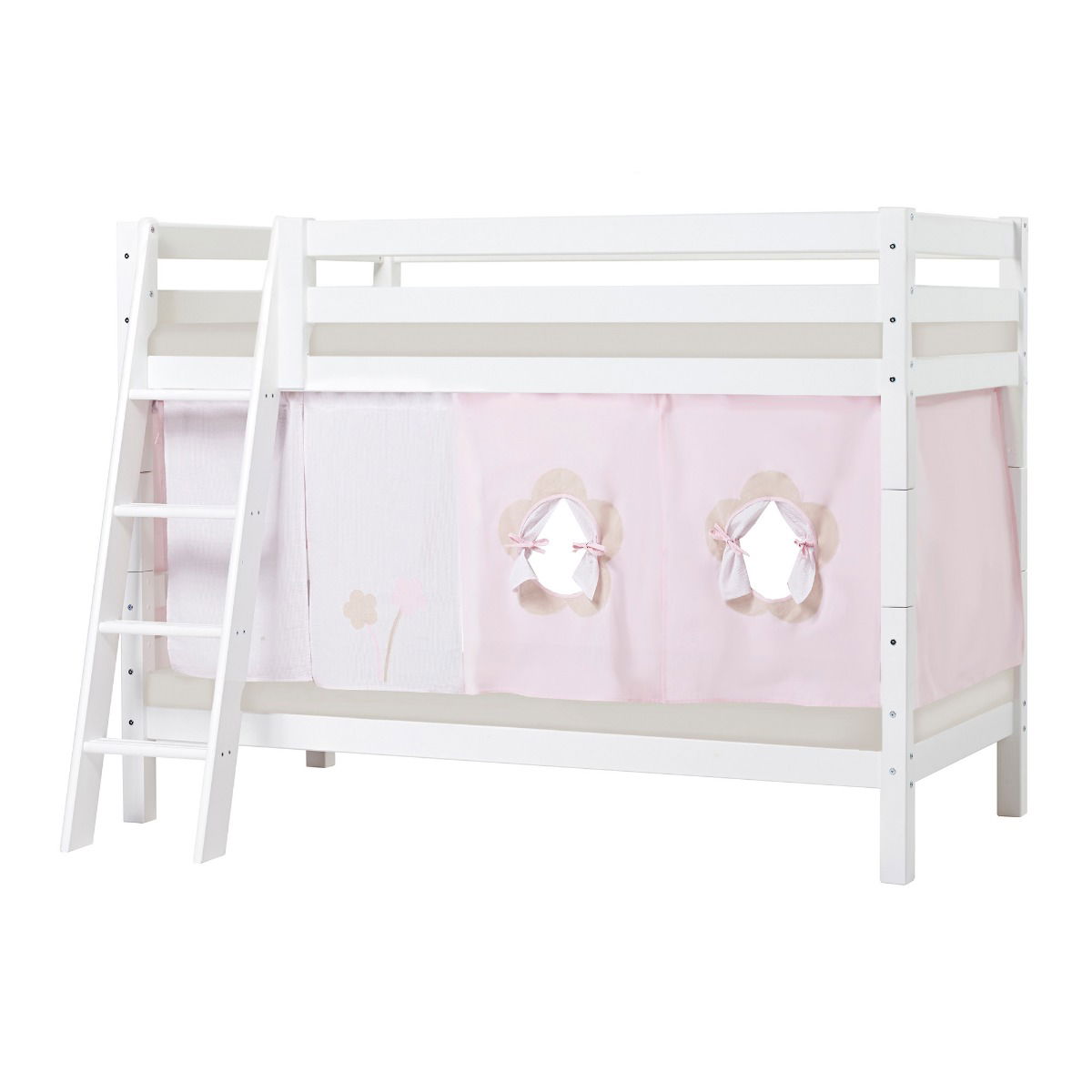 BUNDLE ECO Luxury Etagenbett 90x200 cm mit schräger Leiter mit FAIRYTALE FLOWER-Vorhang und Kaltschaum-Matratze