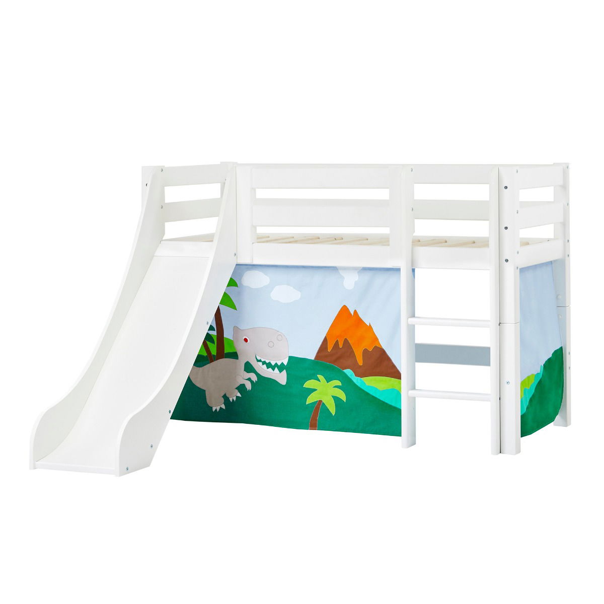 BUNDLE ECO Luxury Halbhochbett 70x160 cm mit Rutsche und mit DINOSAUR-Vorhang