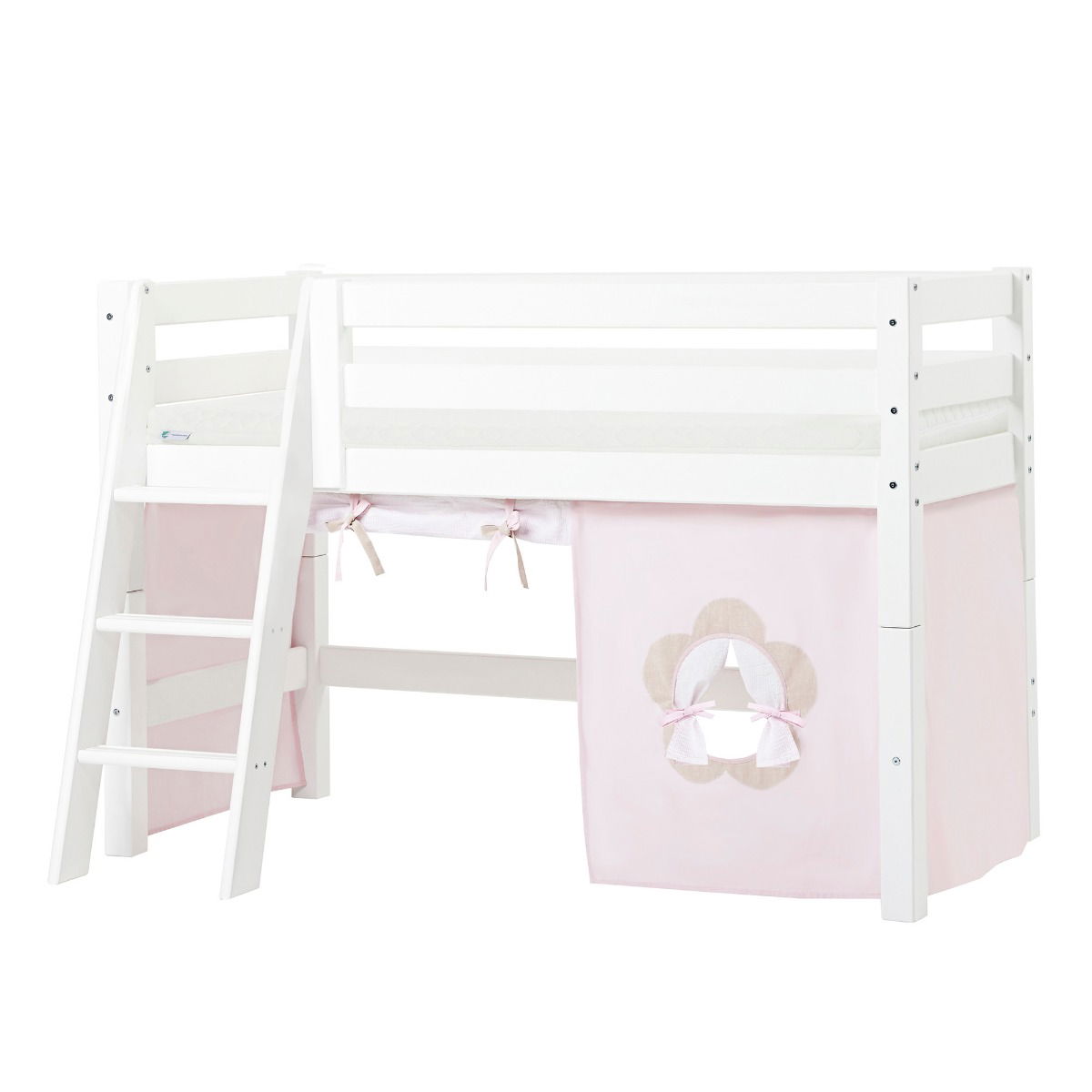 BUNDLE ECO Luxury Halbhochbett 70x160 cm mit schräger Leiter mit FAIRYTALE FLOWER-Vorhang und ECO Luxury Matratze