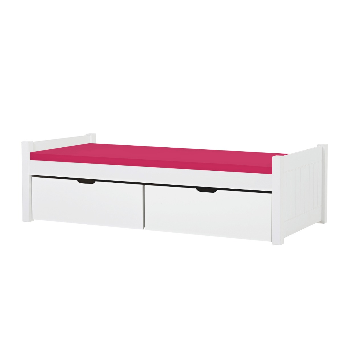 Hoppekids Noah Deluxe Bett 90x200 cm mit mittelhohen Giebeln Schaum-Matratze und zwei Schubkästen - Matratzenbezugsfarbe: Pink