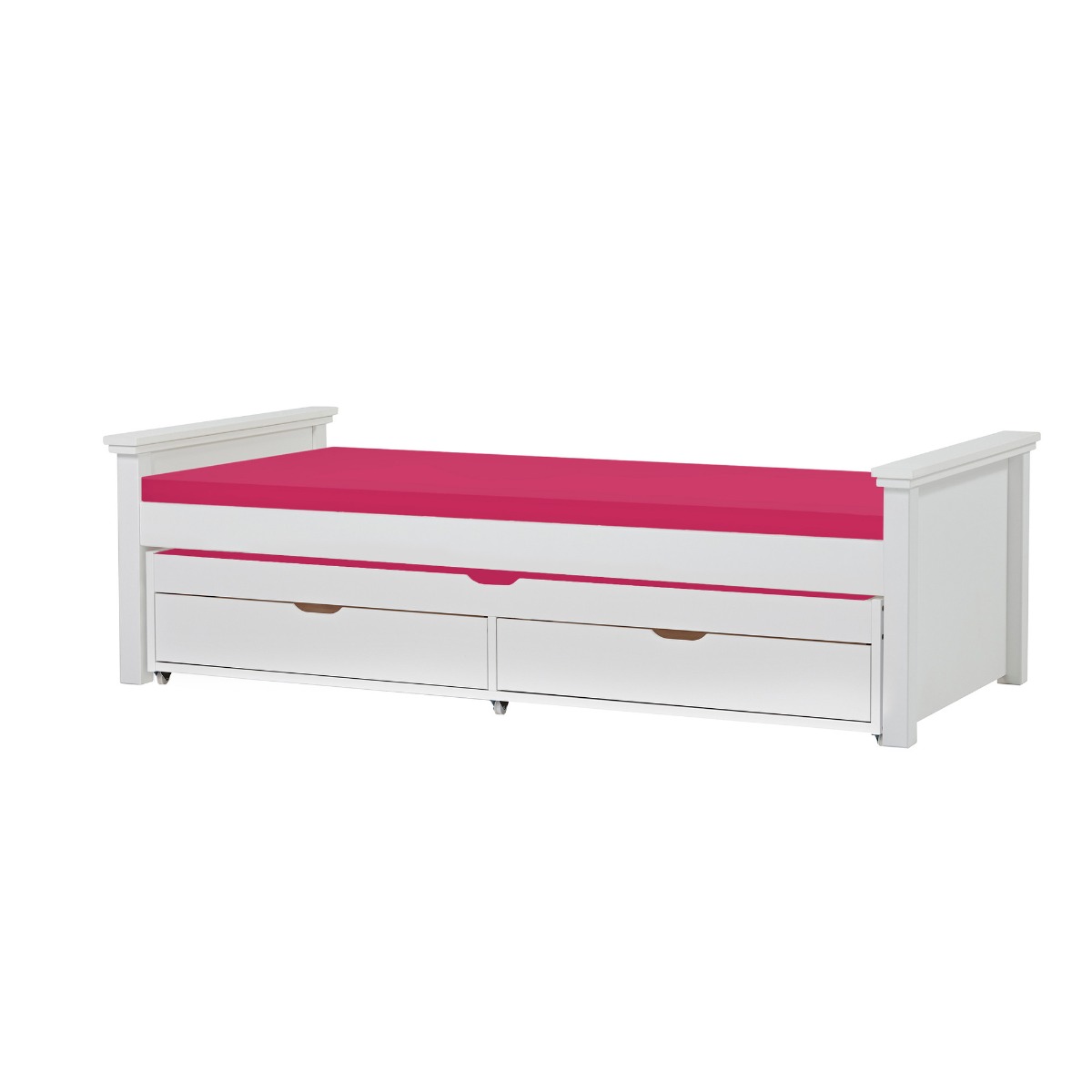 Hoppekids Maja Deluxe Bett 90x200 cm mit mittelhohen Giebeln Schaum-Matratze und Auszieh-/Gästebett 90x190 cm - Matratzenbezugsfarbe: Pink