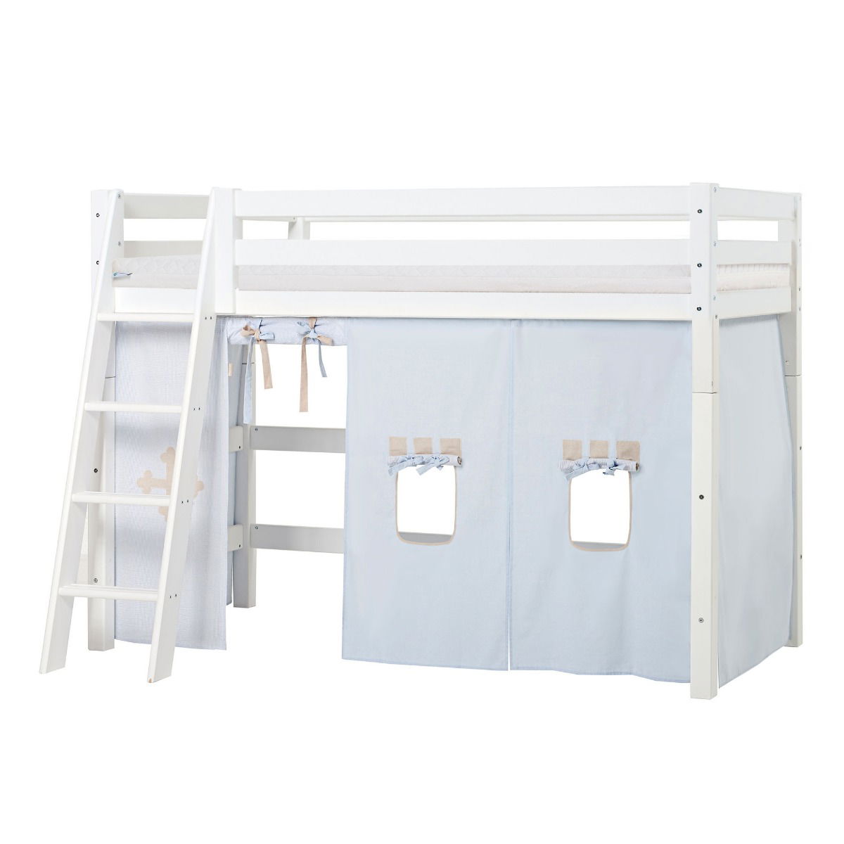 BUNDLE ECO Luxury Mittel-Hochbett 90x200 cm mit schräger Leiter mit FAIRYTALE KNIGHT-Vorhang und ECO Luxury Matratze