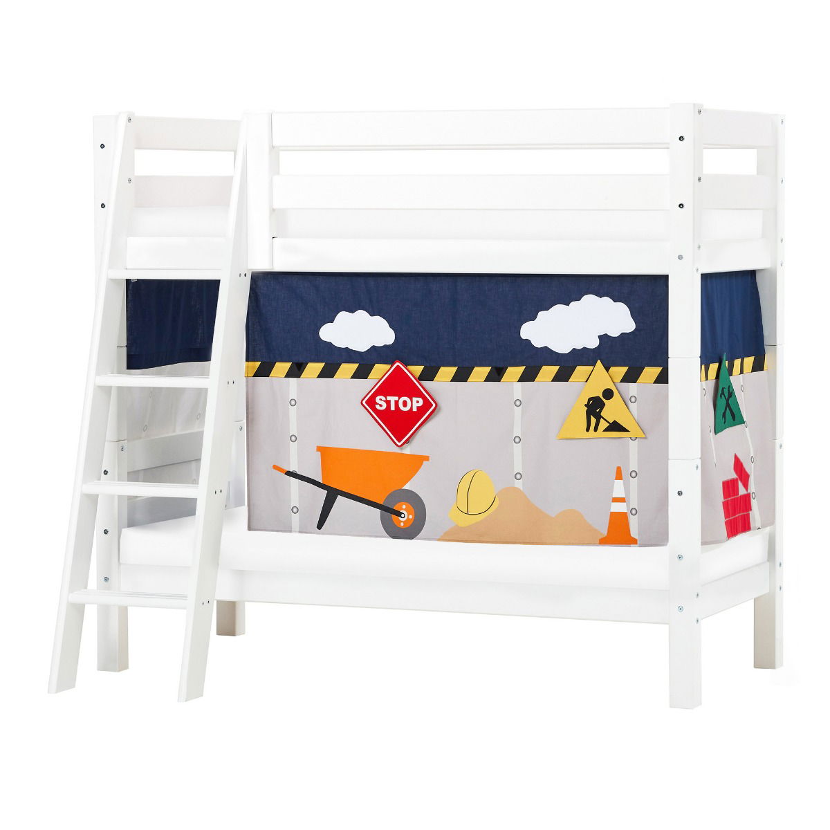 BUNDLE ECO Luxury Etagenbett 70x160 cm mit schräger Leiter mit CONSTRUCTION-Vorhang und ECO Luxury Matratze